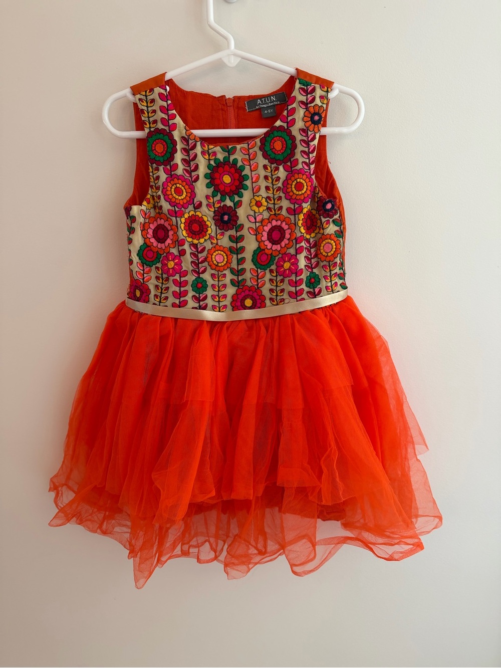 Atun Orange Floral Embroidered Tulle Kids Costume Dress